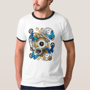 Steampunkgeere und blaue Schmetterlinge T-Shirt