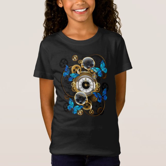 Steampunkgeere und blaue Schmetterlinge T-Shirt (Vorderseite)