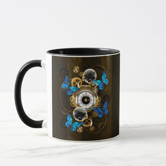 Steampunkgeere und blaue Schmetterlinge Tasse (Links)
