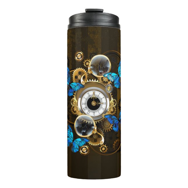 Steampunkgeere und blaue Schmetterlinge Thermosbecher (Vorderseite)