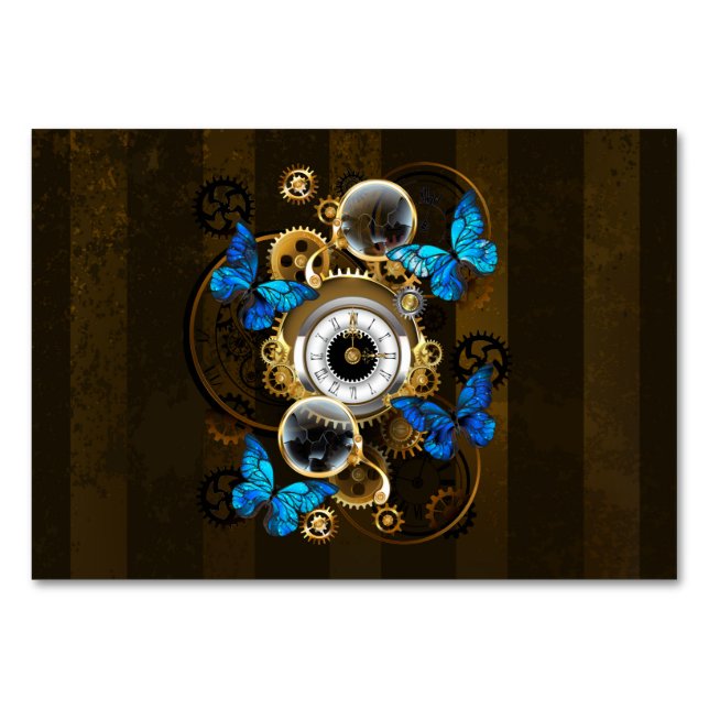 Steampunkgeere und blaue Schmetterlinge Tischnummer (Vorderseite)