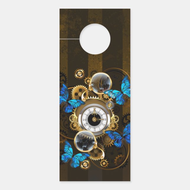 Steampunkgeere und blaue Schmetterlinge Türanhänger (Vorderseite)