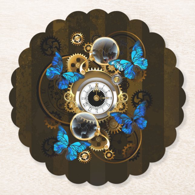 Steampunkgeere und blaue Schmetterlinge Untersetzer (Vorderseite)