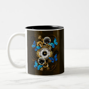 Steampunkgeere und blaue Schmetterlinge Zweifarbige Tasse