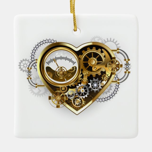 Steampunkherz mit Manometer Keramikornament (Vorderseite)