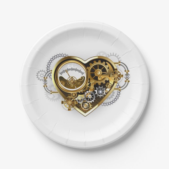 Steampunkherz mit Manometer Pappteller (Vorderseite)