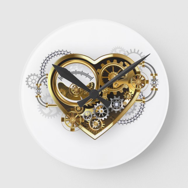 Steampunkherz mit Manometer Runde Wanduhr (Vorderseite)