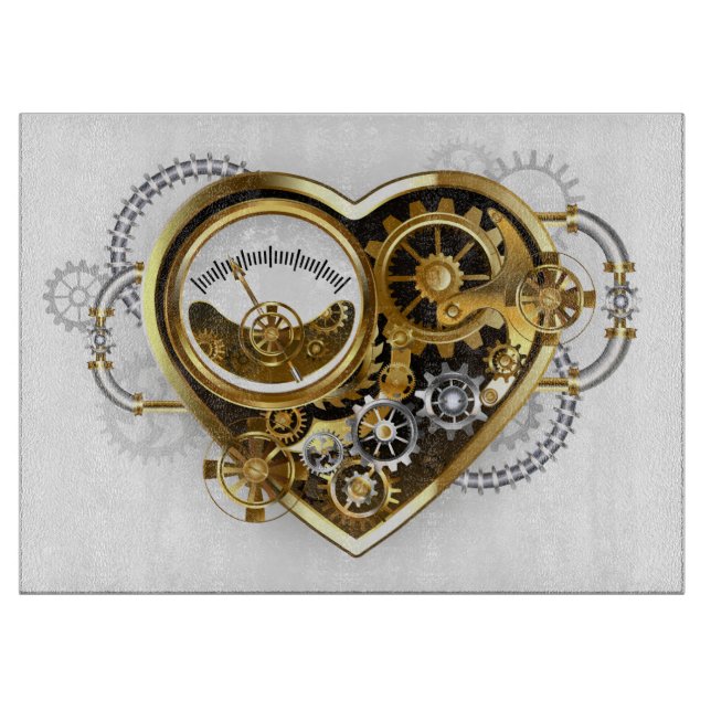 Steampunkherz mit Manometer Schneidebrett (Vorderseite)
