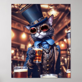 Steampunkkatze, grau, mit Oberhut, Brille, Bier - Poster