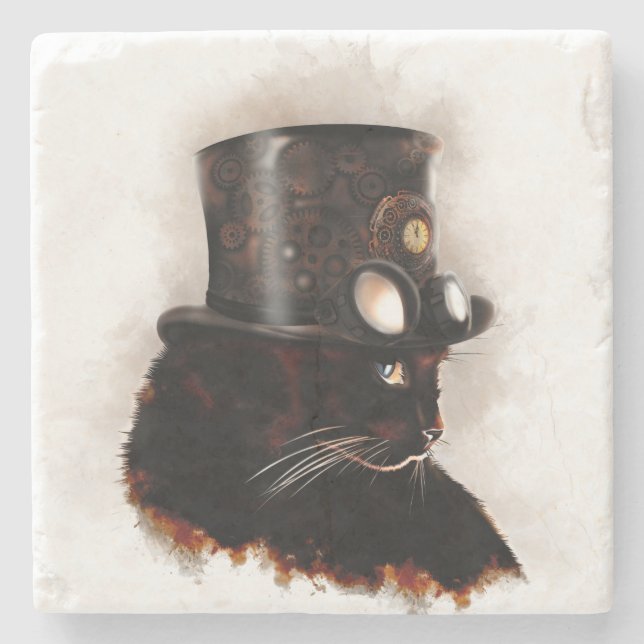 Steampunkkatze Steinuntersetzer (Vorderseite)