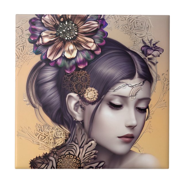SteampunkPrinzessin mit kugelfarbener Blume Fliese (Vorderseite)