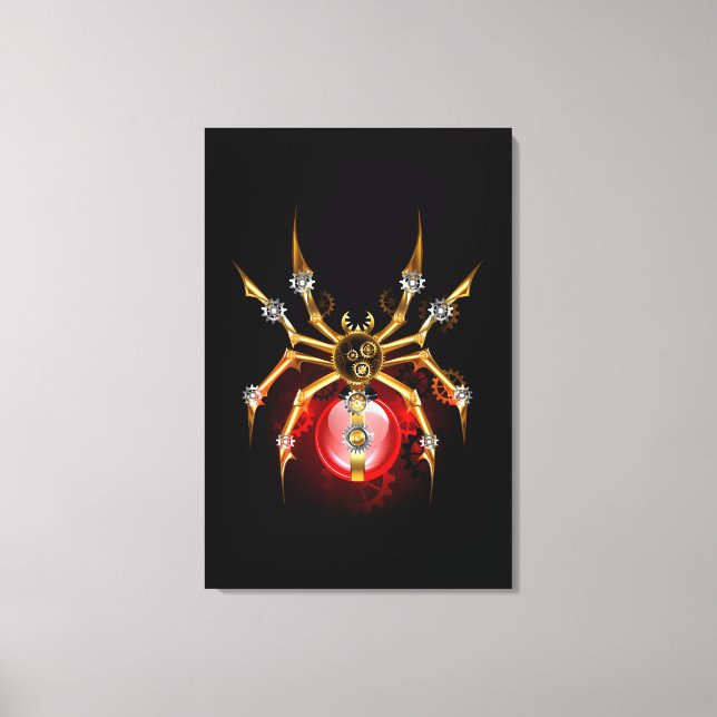 Steampunkspinne auf schwarz leinwanddruck (Vorderseite)
