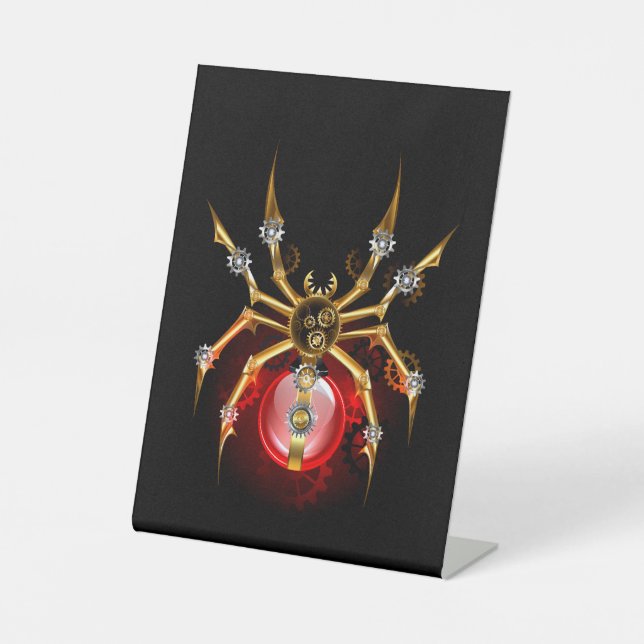 Steampunkspinne auf schwarz sockelschild (Vorderseite)