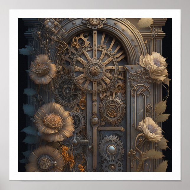 Steampunktür mit Blume Poster (Vorne)
