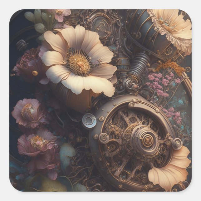 Steampunktür mit weißen Blume Quadratischer Aufkleber (Vorderseite)
