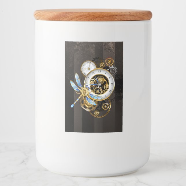 Steampunkuhr mit mechanischem Drachenfliegen Lebensmitteletikett (Vorderseite)