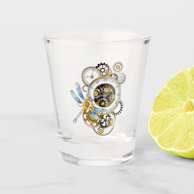 Steampunkuhr mit mechanischem Drachenfliegen Schnapsglas (Vorderseite)