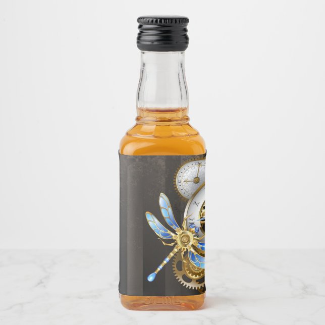Steampunkuhr mit mechanischer Libelle Alkoholflaschenetikett (Vorderseite)