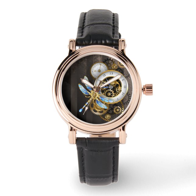 Steampunkuhr mit mechanischer Libelle Armbanduhr (Vorderseite)