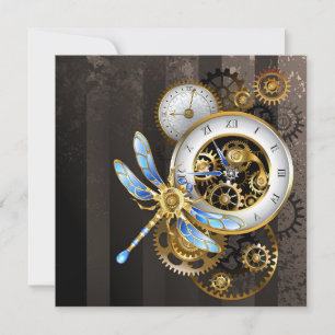 Steampunkuhr mit mechanischer Libelle Dankeskarte
