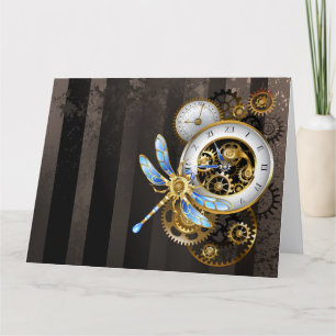 Steampunkuhr mit mechanischer Libelle Dankeskarte