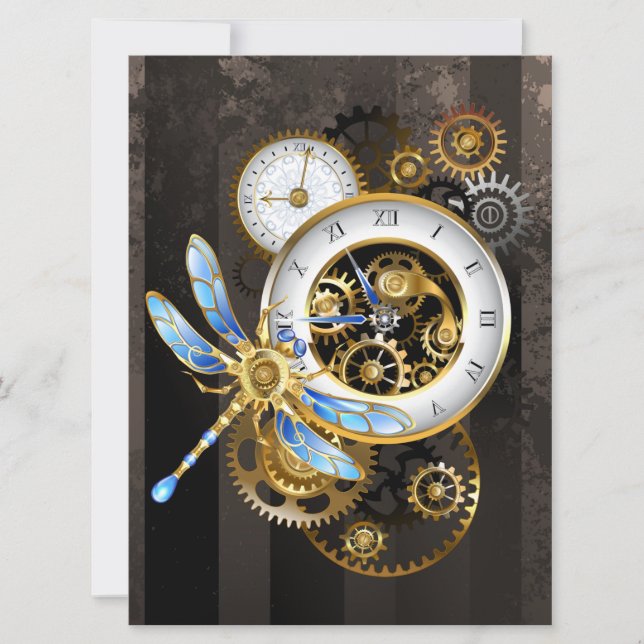 Steampunkuhr mit mechanischer Libelle Einladung (Vorderseite)