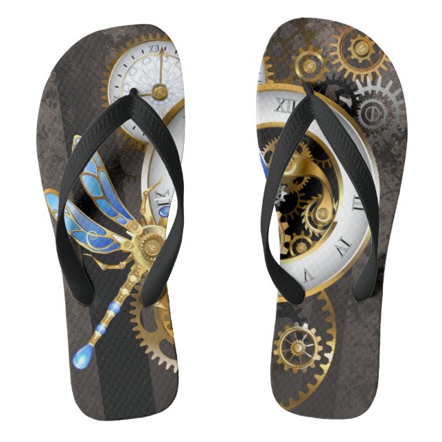 Steampunkuhr mit mechanischer Libelle Flip Flops (Fußbett)