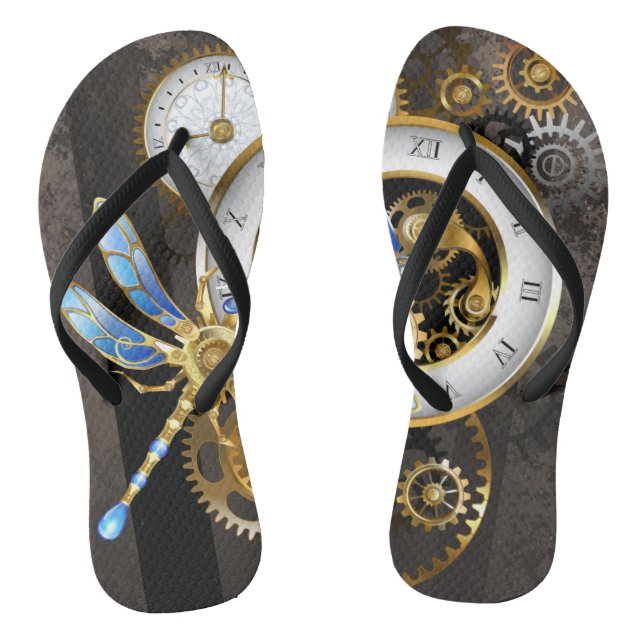 Steampunkuhr mit mechanischer Libelle Flip Flops (Fußbett)