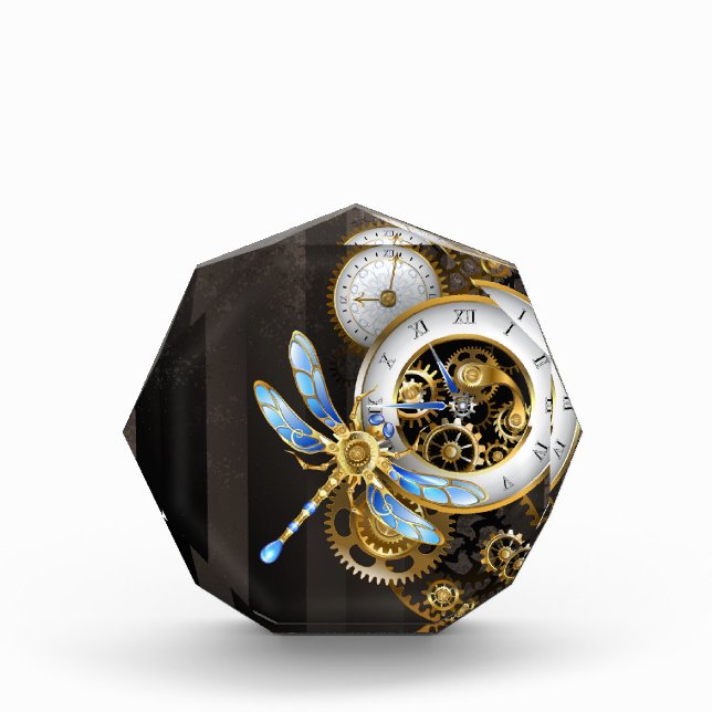Steampunkuhr mit mechanischer Libelle Fotoblock (Vorderseite)