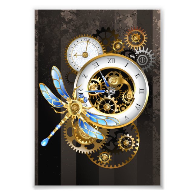 Steampunkuhr mit mechanischer Libelle Fotodruck (Vorne)
