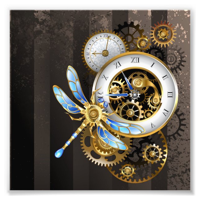Steampunkuhr mit mechanischer Libelle Fotodruck (Vorne)