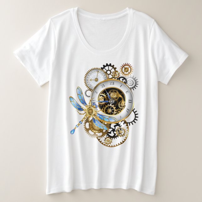 Steampunkuhr mit mechanischer Libelle Große Größe T-Shirt (Design vorne)
