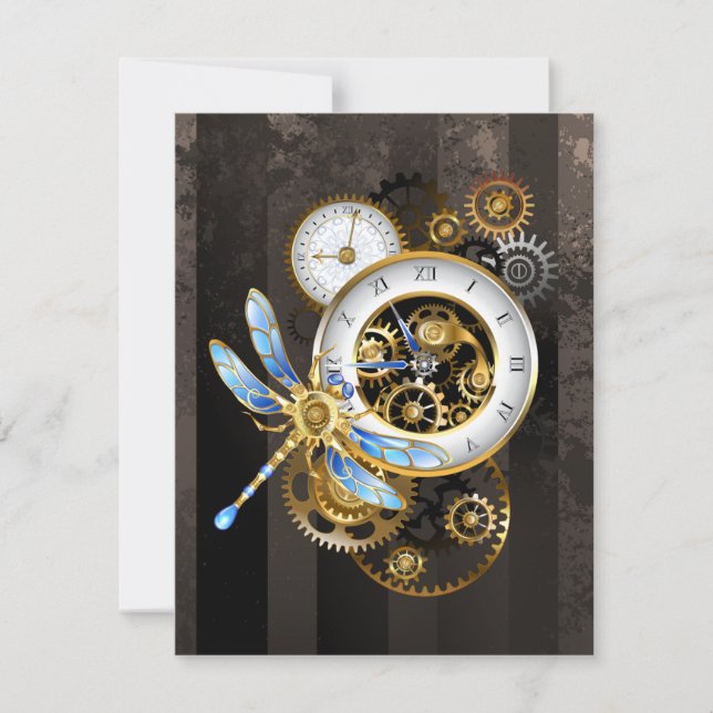 Steampunkuhr mit mechanischer Libelle Karte (Vorderseite)