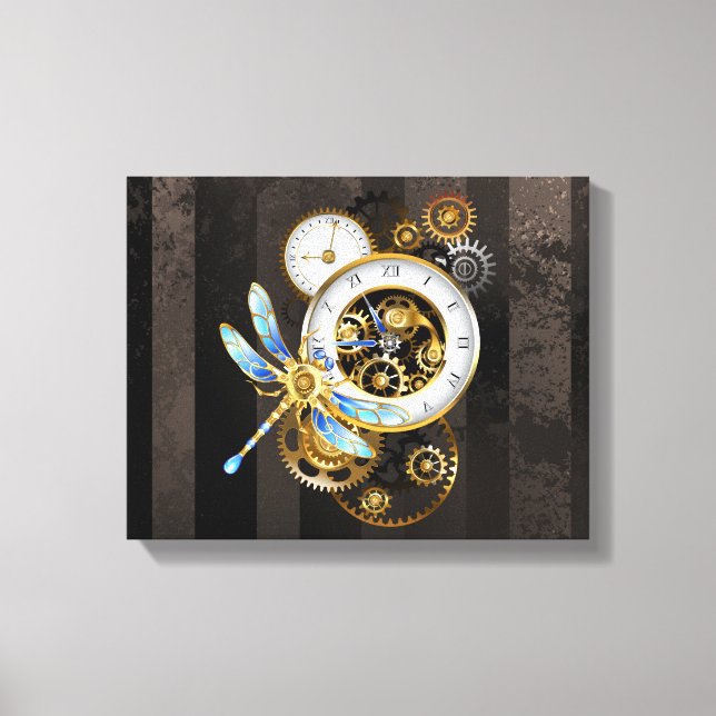 Steampunkuhr mit mechanischer Libelle Leinwanddruck (Vorderseite)