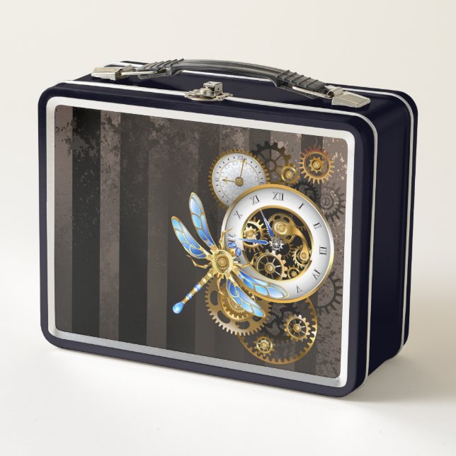 Steampunkuhr mit mechanischer Libelle Metall Brotdose (Vorderseite)