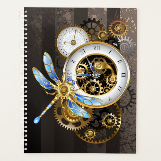 Steampunkuhr mit mechanischer Libelle Planer (Vorderseite)