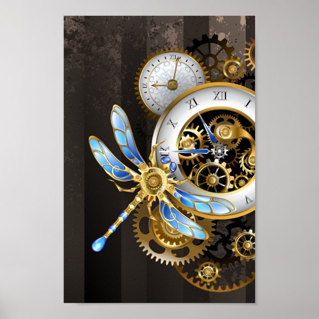 Steampunkuhr mit mechanischer Libelle Poster (Vorne)