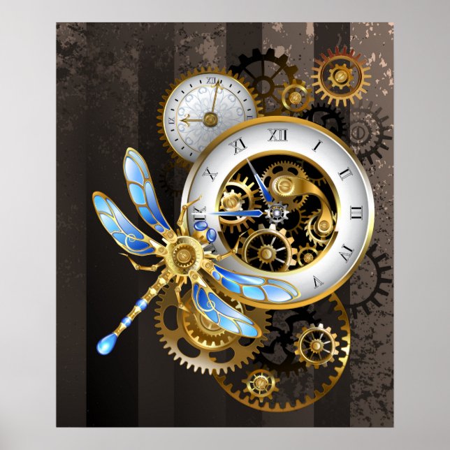 Steampunkuhr mit mechanischer Libelle Poster (Vorne)