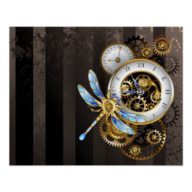 Steampunkuhr mit mechanischer Libelle Poster (Vorderseite)