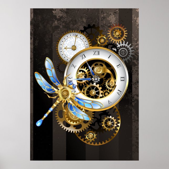 Steampunkuhr mit mechanischer Libelle Poster (Vorne)