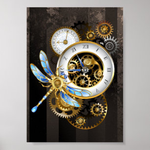 Steampunkuhr mit mechanischer Libelle Poster