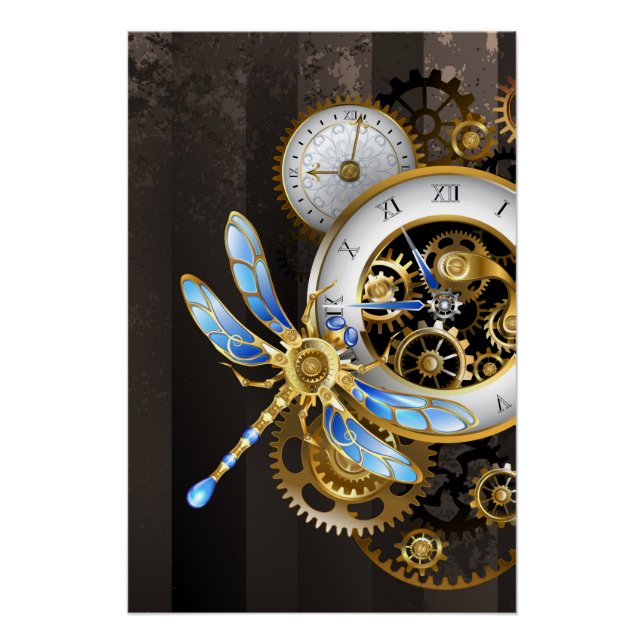 Steampunkuhr mit mechanischer Libelle Poster (Vorderseite)