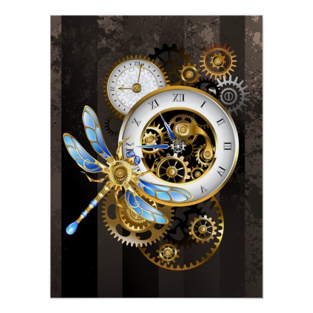Steampunkuhr mit mechanischer Libelle Poster (Vorderseite)