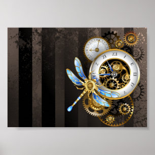 Steampunkuhr mit mechanischer Libelle Poster