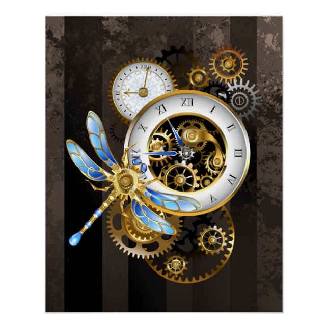 Steampunkuhr mit mechanischer Libelle Poster (Vorderseite)