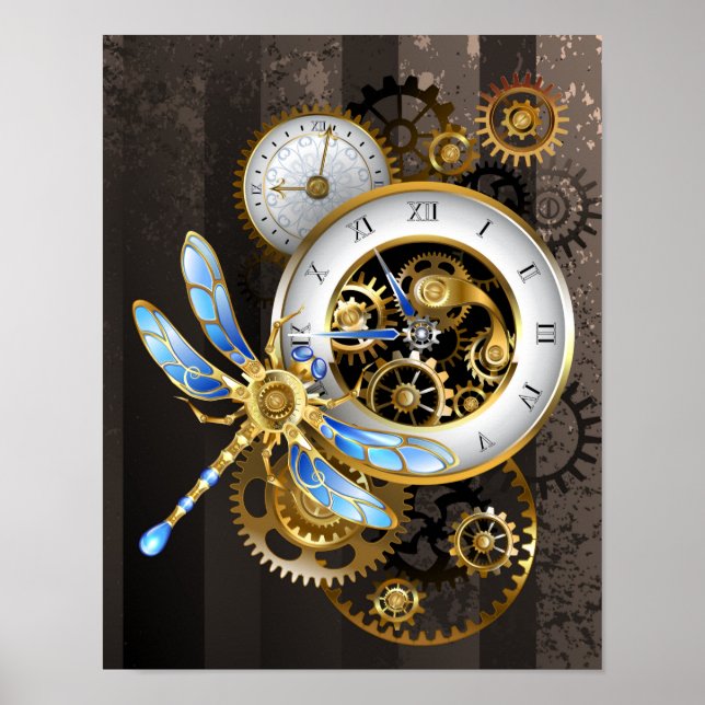 Steampunkuhr mit mechanischer Libelle Poster (Vorne)