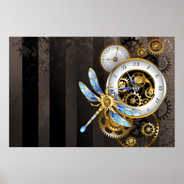 Steampunkuhr mit mechanischer Libelle Poster (Vorne)