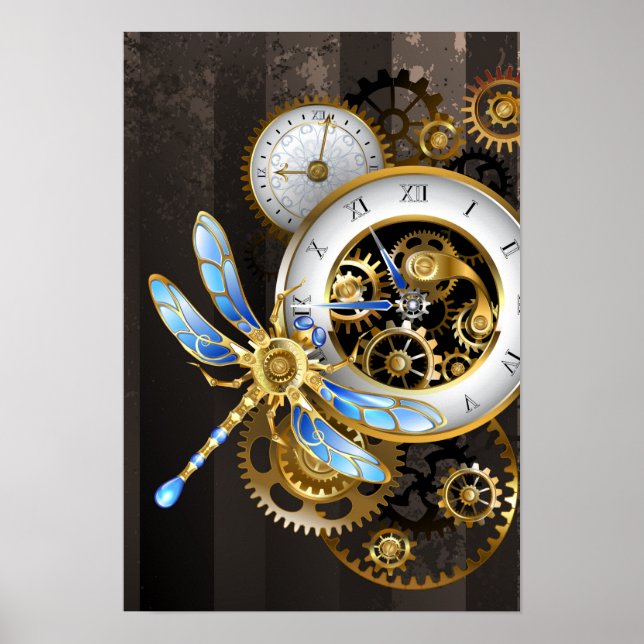 Steampunkuhr mit mechanischer Libelle Poster (Vorne)