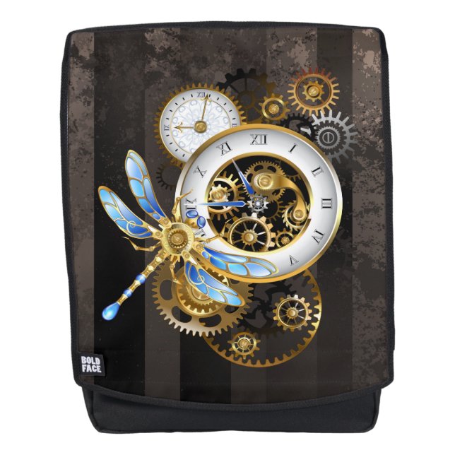 Steampunkuhr mit mechanischer Libelle Rucksack (Vorderseite)