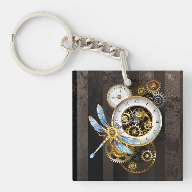 Steampunkuhr mit mechanischer Libelle Schlüsselanhänger (Vorderseite)